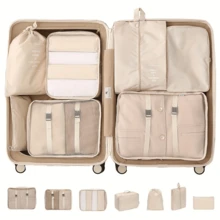 7 Piece Luggage Organizer Set, Travel Packing Cubes With Laundry Bag, Compression Shoe Bags, Clothes & Underwear Storage Bags, Unisex Design - Beige - View 2
