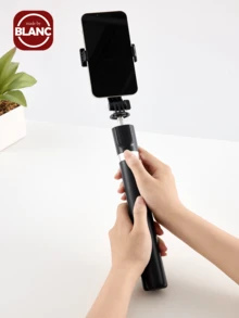 自拍杆三脚架，可伸缩铝合金三脚架，带无线遥控，兼容和安卓智能手机，非常适合旅行、Vlog、视频和拍照（黑色） - 黑色 - 查看 2