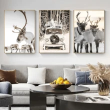 3PCS Winter Christmas Snow Deer Cart Landscape Decoration Hanging Painting Suitable For Living Room, Bedroom, Wall Decoration Painting Nordic Style Canvas Painting Frameless