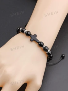 1pc Men's Beaded Cross Bracelet, Casual & Versatile Accessory - Black - View 3