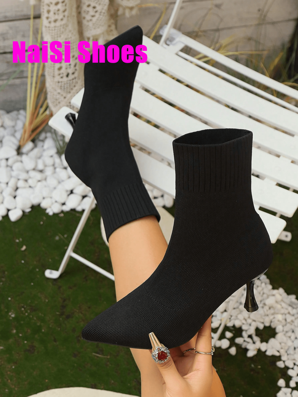 Botas de tobillo de punta fina ajustadas, botas de calcetín hasta la pantorrilla, zapatos de tacón delgado elástico, botas de tacón alto elegantes y cómodas de estilo minimalista y adelgazante, versátiles para usar con varios atuendos, disponibles en negro, beige, burdeos, rojo, rojo tinto