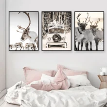 3PCS Winter Christmas Snow Deer Cart Landscape Decoration Hanging Painting Suitable For Living Room, Bedroom, Wall Decoration Painting Nordic Style Canvas Painting Frameless