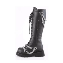 Women Fashion Goth Knee High Boots Round Toe Chunky High Heel With Buckle Chain Punk Boots Dress Party Festival Shopping Work Long Boot - 黑色 - 查看 8