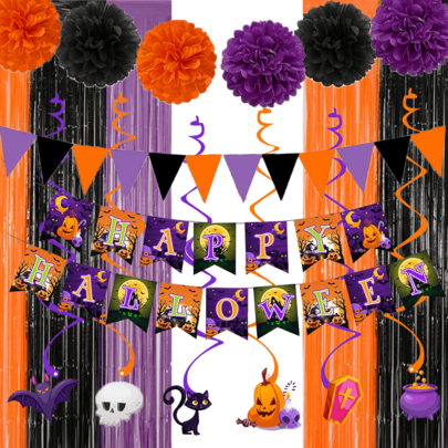 Halloween Theme Birthday Party Decorations, Happy Birthday Decorations With Paper Triangle Flag, Hanging Swirl Streamers, Honeycomb Ball, Tissue Paper Pom, Fringe Curtains, Summerween Party Decorations, Halloween Party Decorations, Spooky Decoration