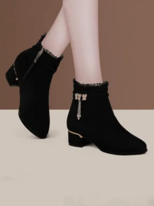 Women's Autumn/Winter Fashion Warm Ankle Boots, Rhinestone Tassel Decor Comfortable Chunky Heel Booties, Elegant Lace Floral Butterfly Metal Accent High Heel Boots, Fashionable Side Zipper Design High Heels Suitable For Daily Wear - Black - View 3