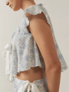 Women's 2 Piece Floral Pajamas Sets Tie Front Fly Sleeves Crop Tops And Elastic Waist Wide Leg Pants Sets Lounge Outfits Sleepwear Homewear - 藍色 - 查看 3