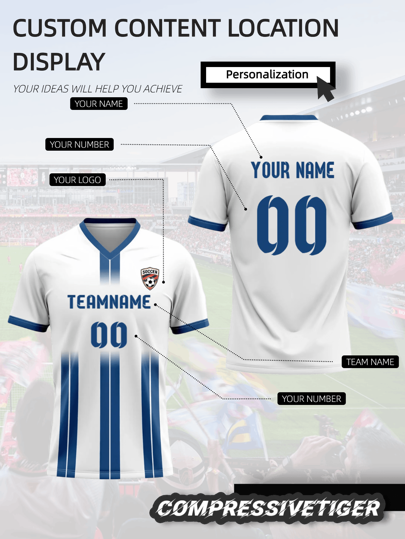 Elegant White Soccer Jersey - Navy Striped Pattern, Soft Polyester Blend, Polished V-Neck, Suitable For Formal Matches & Team Uniforms. Halloween, Thanksgiving, Christmas And New Year Gifts