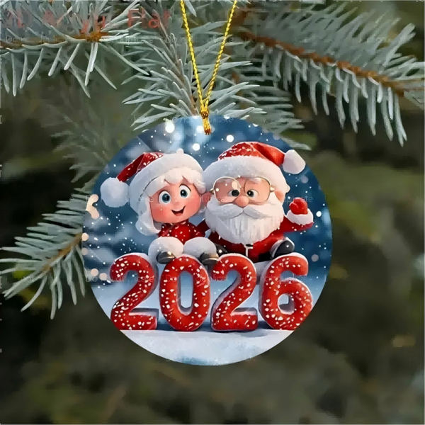 1pc Classic Santa Claus & Snowman 2026 Round Acrylic Ornament - No Power Needed Holiday Decoration, Suitable For Christmas, Thanksgiving, New Year, Valentine's Day - Home Party Decor With Gift Box Top