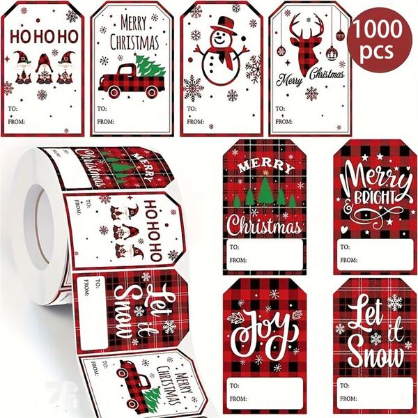 200/500/1000pcs Christmas Gift Tags, Festive Paper Labels With Red Plaid Design, Ho Ho Ho, Joy, Merry Christmas & Let It Snow Messages, Mixed Colors, For Gift Wrapping, Art & Craft Supplies