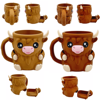 Ny Highland Cow-glasshållare, söt djurglassbehållare med frostskyddshandtag, Highland Cow-djurmodelldekor, Highland Cow-present (brun)