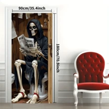 1 pièce Bannière de fond avec crâne 2D plat et motif journal, convient pour la décoration de fête d'Halloween, de jardin, de maison, de studio photo, d'anniversaire, de chambre, de cour, en tissu de polyester