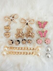 18 sztuk eleganckich klipsów do butów z perełkami, kokardką i kryształkami, ABS, różowa kokardka z kryształkami, dekoracja DIY, wielofunkcyjne akcesoria do sandałów damskich, kapci, toreb plażowych, świetny prezent na Dzień Matki i świąteczne przyjęcia urodzinowe