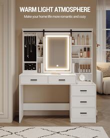Hzuaneri Schminktisch, Abnehmbarer Großer Spiegel, mit Schmuckaufbewahrung, Offene Regale, 5 Schubladen, mit Beistelltisch, für Schlafzimmer, Weiß