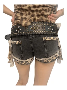 1 件几何图案波西米亚复古 PU 皮革铆钉水钻编织宽腰带，适合裤子、裙子、各种节日、音乐会、Y2K、朋克、复古、西部牛仔风格秋季、秋季、万圣节 - 彩色 - 查看 6