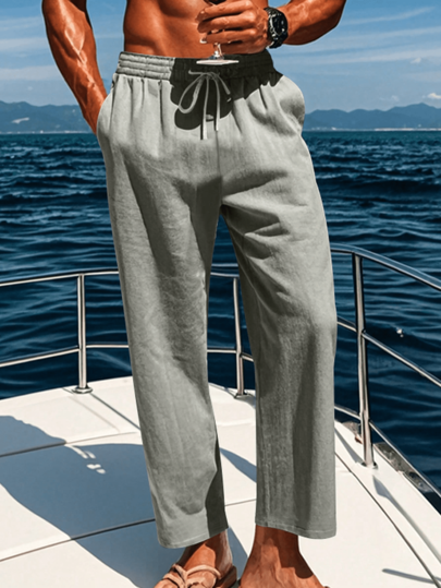 Men's Linen Pants, Summer Drawstring Beach Breathable Trousers, Elastic Linen Drawstring Men Pants, Casual Vacation, Loose Street Style, Summer Commuting & Holiday Appropriate Gray Pants, Fall