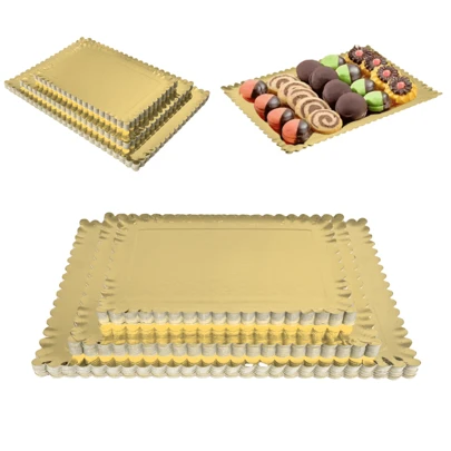 10PCS Scallop Edge Rectangle Paper Trays, Heavy Duty Disposable Golden Cardboard With Greaseproof Coating, Perfect For Elegant Dessert Table Serving Parties, Cupcake Display, Birthday Party, Wedding