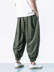 男士宽松亚麻灯笼裤，休闲阔腿哈伦七分裤，轻盈透气，适合春秋季穿着 - 綠色 - 查看 2