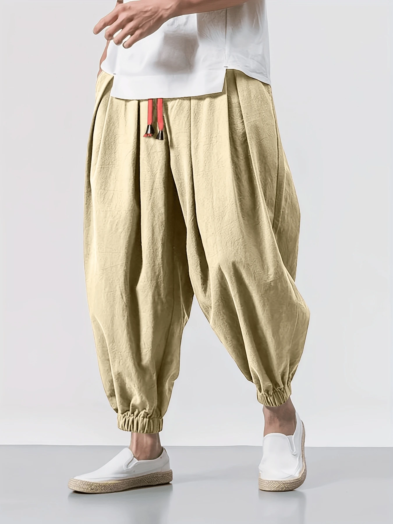 Quần ống rộng bằng vải lanh cho nam, quần harem rộng rãi thoải mái bằng vải lanh, quần ống rộng lửng, nhẹ nhàng cho mùa xuân và mùa thu.