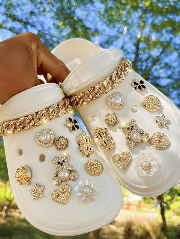 22pcs DIY Rhinestone Sandals Decoration Set, Includes Gold Bear, Chain, Rhinestones, Suitable For Hollow Slippers/Sandals, Versatile For All Seasons, Gift
