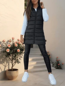 Women's Long Solid Color Sleeveless Hooded Winter Puffer Vest Outerwear - màu đen - Xem 2