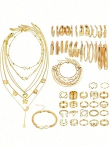 37-68pcs Elegant Vintage Butterfly, Heart, Faux Pearl, Twist Knot, Star, Moon, Rhinestone, Wide Band, Snake Chain, Braid Chain, Geometric C-Shape Earrings, Necklaces, Rings, Bracelets Jewelry Set, Suitable For Holidays, Parties, Daily Wear, Holiday Gifts - Multicolor - View 2
