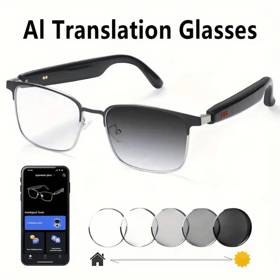 AI Translation Smart Glasses, Color-Changing Lenses, Support 160+ Languages Real-Time Translation, Fashionable Audio Glasses, Built-In Microphone And Speaker, Listen To Music And Answer Phone Calls, Touch Operation, Voice Assistant, Call Noise Reduction, Magnetic Charging, Suitable For Sports, Music, Office, Travel - The Ideal Holiday Gift For Both Men And Women! - 銀色 - 查看 1