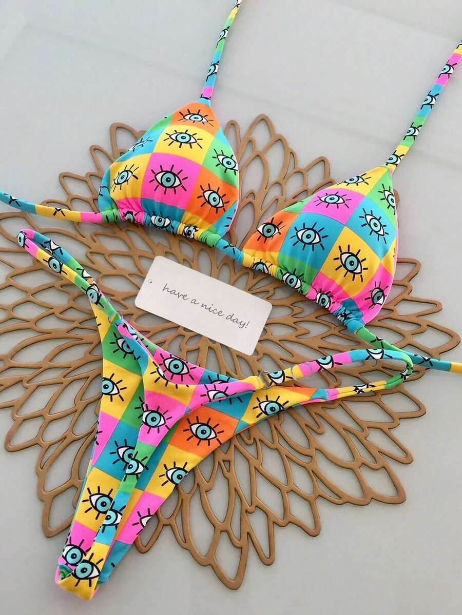 夏季两件套简约格子印花吊带后背可调节腰部女式性感比基尼泳装 - 彩色 - 查看 1