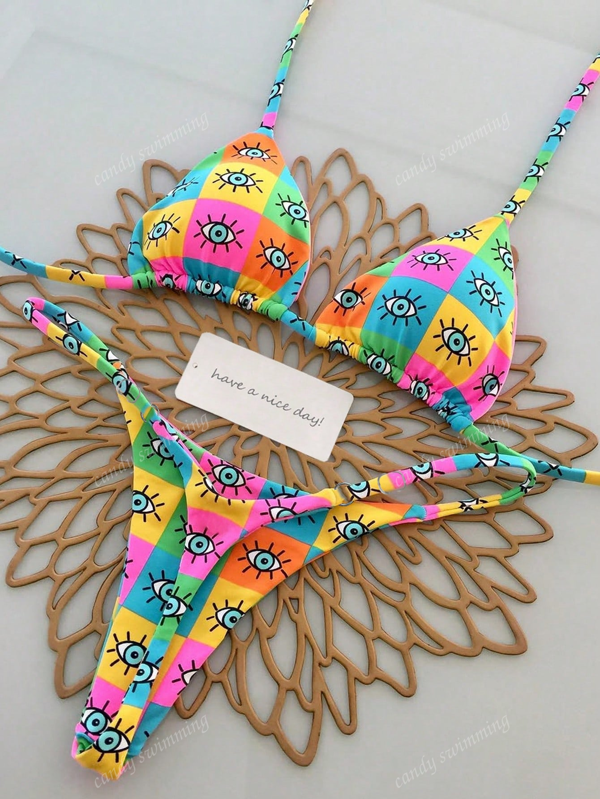 Conjunto de 2 piezas de bikini de mujer minimalista de verano con estampado de cuadros, parte superior con nudo ajustable en la espalda y cintura ajustable