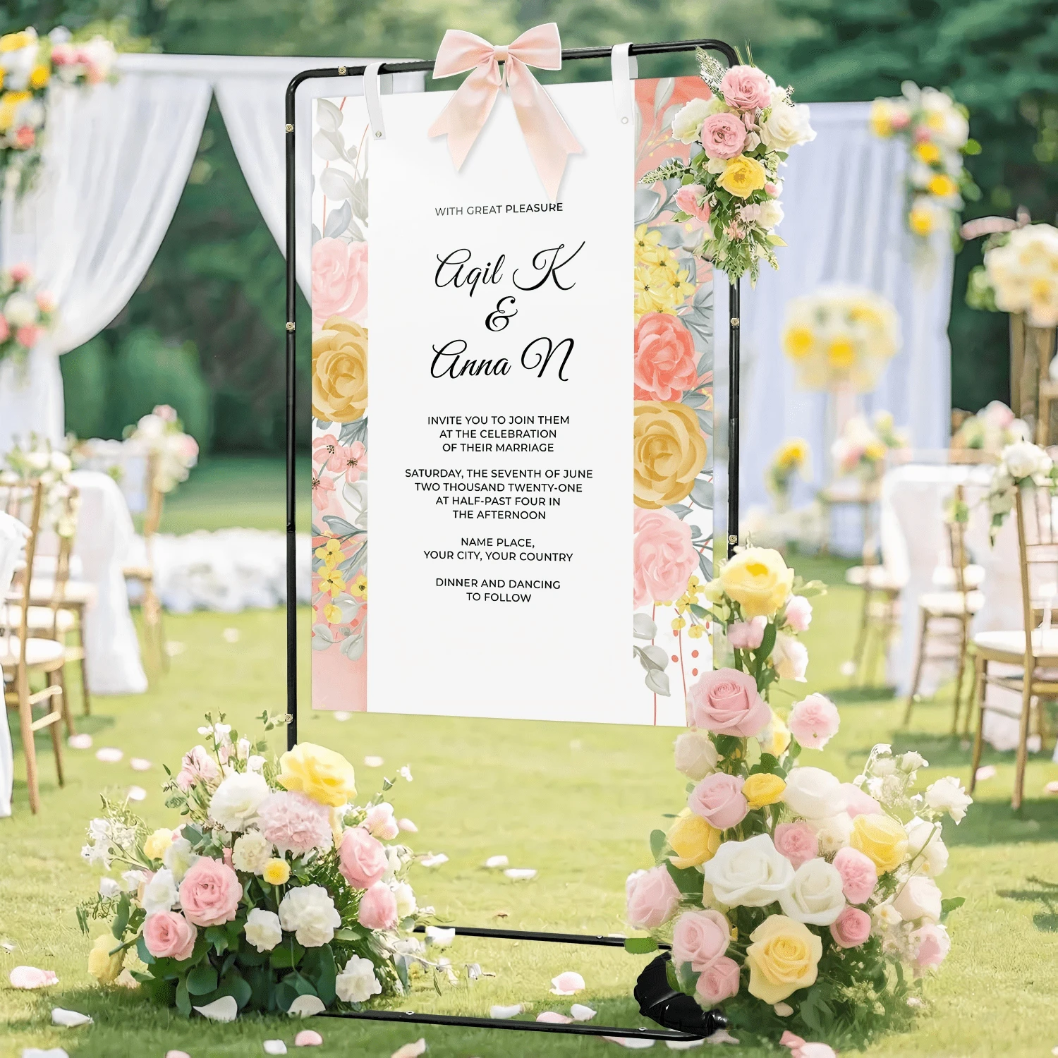 Wedding Welcome Sign Stand,Black Adjustable Wedding Sign Holder With Leather Hanging Straps, 69inch Seating Chart Stand For Party,Bride Shower,Graduation Ceremony,Mother's Day Decorations - 黑色 - 查看 1