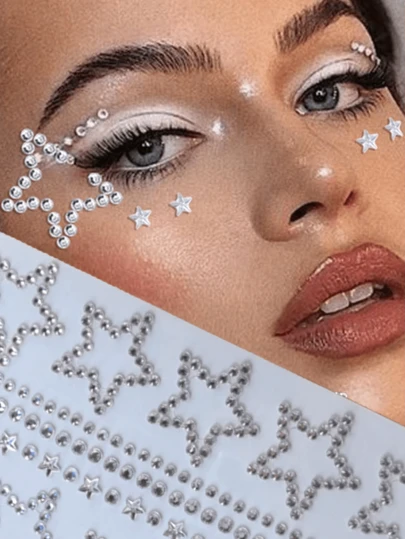2pcs Stars Rhinestone Stickers, Silver Glitter Bling Sticker Self Adhesive Crystal Star Sticker For Face, Hair, Makeup, Body, Crafts, Festival Decal Decoraton