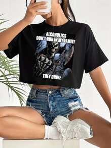 Cropped Women's T-Shirt With Alcoholics Don't Run Graphic Print, Casual Soft Short Sleeve Pure Cotton 220gsm T-Shirt