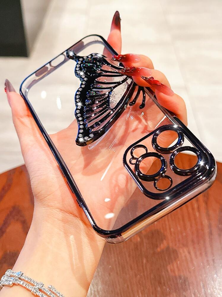 奢华电镀透明黑色手机壳，带蝴蝶亮片支架，闪亮水晶水钻风格，硅胶防震软壳，兼容 16/16E/16 Pro/16 Pro Max/16 Plus/15/14/13/12/11/X/XS/XR/8/7、Galaxy S25/S24/S23/S22/S21/A55/A54/A53/A52/A35/A34/A23/A16/A15/A14/A13/A12/A05S/FE/Ultra/4G/5G、Redmi/Honor/MOTO/OPPO/Infinix 等手机，防水、防摔、防刮花 - 黑色 - 查看 6