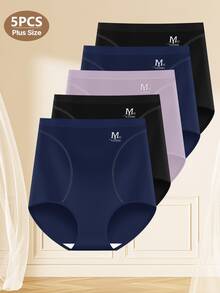 MEIYATING 5pcs Plus Size High Waist Seamless Breathable Ice Silk Panties For Women, Slimming & Shaping, Thin Design For Summer - 彩色 - 查看 4