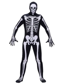 Joyfy Men's Halloween Skeleton Costume - Men's Spooky Bodysuit For Halloween Party Dressing Skeleton Bodysuit - 黑與白 - 查看 4
