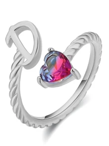 1pc Silver-Tone Emerald Stone Inlaid Initial Ring - Silver - View 2