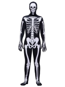 Joyfy Men's Halloween Skeleton Costume - Men's Spooky Bodysuit For Halloween Party Dressing Skeleton Bodysuit - 黑與白 - 查看 3