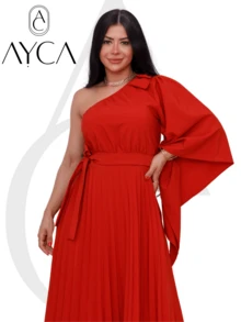 Mulamanca Long Dress With Pleated One-Shoulder With Padded Bra And Bow On Shoulder And Waist - 亮橙色 - 查看 4