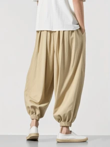 Quần ống rộng bằng vải lanh cho nam, quần harem rộng rãi thoải mái bằng vải lanh, quần ống rộng lửng, nhẹ nhàng cho mùa xuân và mùa thu. - Màu Khaki - Xem 3