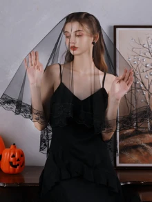 Black Lace Edged Double Layer Short Veil Headpiece, Bridal Headpiece For Photoshoot, High-End Feeling, Suitable For All Seasons