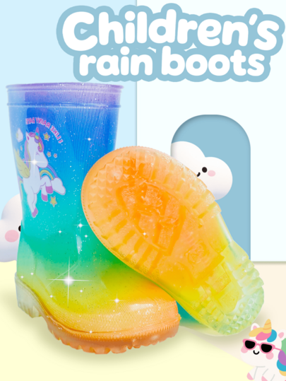 Rainbow Unicorn Waterproof Rain Boots For Baby Girl - Cute, Shiny, Soft And Comfortable All-Season Outdoor Shoes For Outdoor School Use, 14 Years And Under