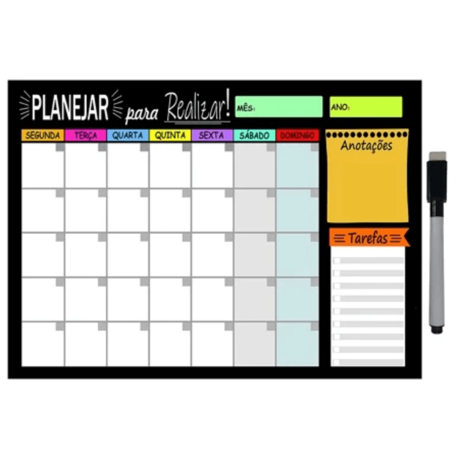 Quadro Planejador De Notas Magnéticas 40x60cm Planejamento Semanal Colorido + 2 Ímãs E 1 Caneta Com Borracha