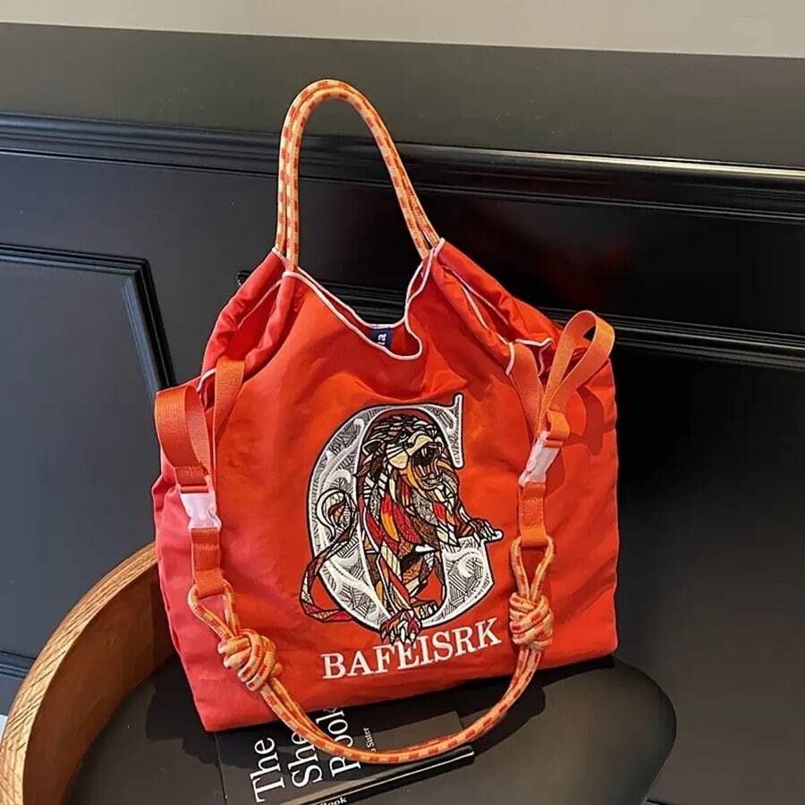 Elegant, Lightweight Tote Bag For Women With Vibrant Dragon Design - Durable Nylon, Removable Strap, Hand Washable, Ideal For Summer, Travel, Beach And Shopping, Beach Tote Bag | Vibrant Tote Bag | Sturdy Bag With Handle, Beach Bag - Red - View 1