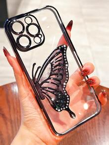 奢华电镀透明黑色手机壳，带蝴蝶亮片支架，闪亮水晶水钻风格，硅胶防震软壳，兼容 16/16E/16 Pro/16 Pro Max/16 Plus/15/14/13/12/11/X/XS/XR/8/7、Galaxy S25/S24/S23/S22/S21/A55/A54/A53/A52/A35/A34/A23/A16/A15/A14/A13/A12/A05S/FE/Ultra/4G/5G、Redmi/Honor/MOTO/OPPO/Infinix 等手机，防水、防摔、防刮花 - 黑色 - 查看 6