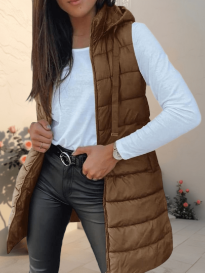 Chaleco acolchado de invierno con capucha, sin mangas y color liso para mujer