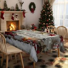 1pc Rectangular Tablecloth, Perfect For Christmas Atmosphere! Vintage Wood Grain & Snowy Landscape Pattern With Holiday Elements, Suitable For Holiday Gatherings, Daily Home, Living Room, Dining Room, Outdoor Picnics, And Theme Events