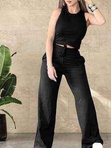 女士运动套装（2件套），休闲外出两件套，女士裤装套装，黑色夏季款 - 黑色 - 查看 5