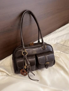 Women's Retro Solid Color Pu Leather Shoulder Bag With Multiple Pockets Large Capacity Comes With A Detachable Accessory Charm, Vintage Bag For Women - Cà phê nâu - Xem 10