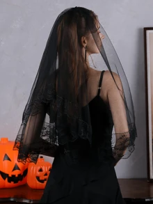 Black Lace Edged Double Layer Short Veil Headpiece, Bridal Headpiece For Photoshoot, High-End Feeling, Suitable For All Seasons