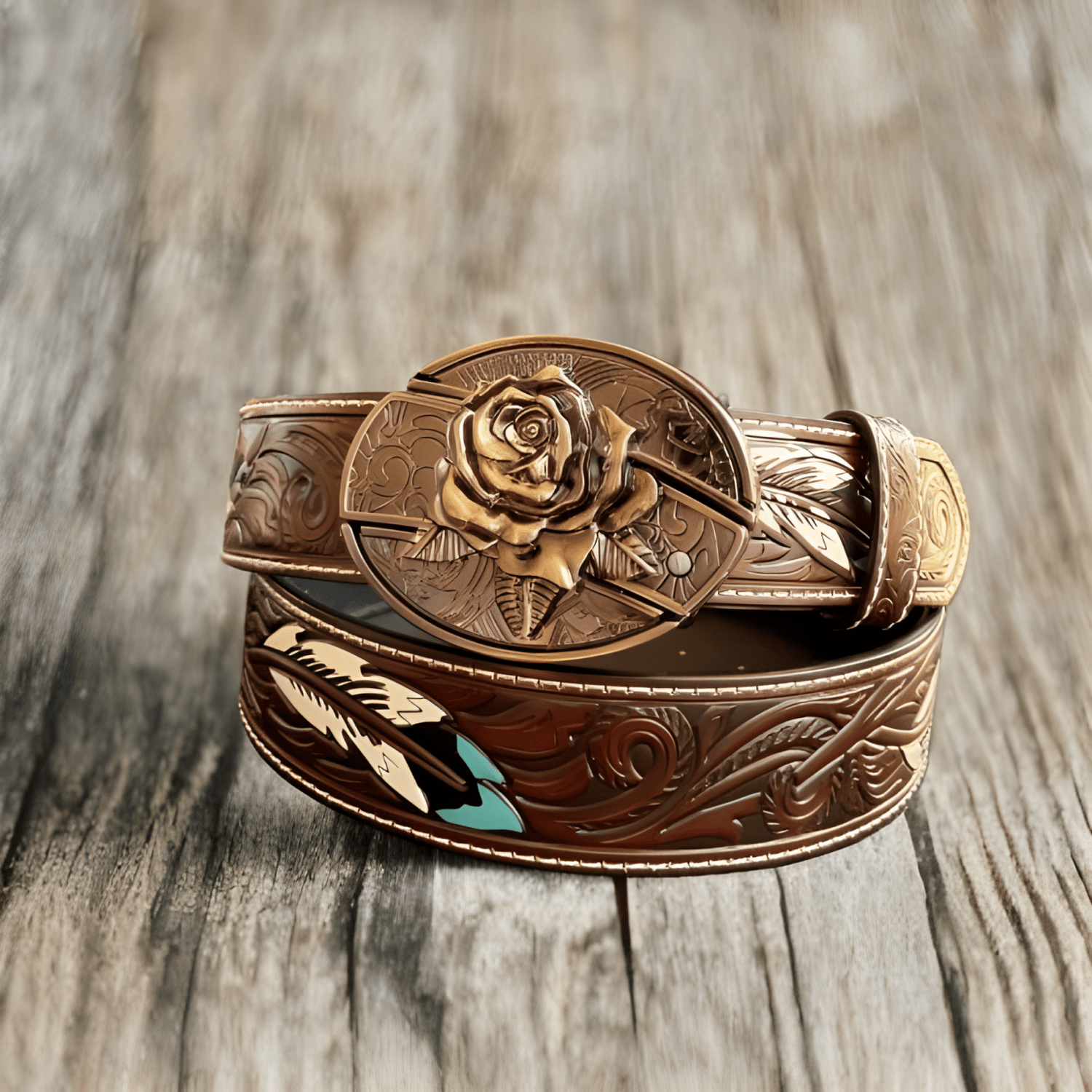 [Adjustable Leather Western Belt] Genuine Leather Western Belt – Chocolate Brown With Turquoise Feathers And Floral Embossing, Adjustable Design, (Rose) Oval Detachable Belt, Western Belt Buckle. Perfect With Jeans And Dresses, Country Wear, Denim