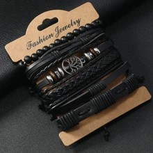 6pcs Vintage PU Leather Tree Of Life Braided Beaded Bracelet Set, Unisex, Suitable For Father's Day, Boyfriend Gift, Daily Wear